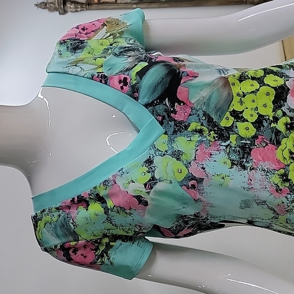 Roberto Cavalli Teal Floral Short Sleeve Mini Dress Size 46 - Picture 2 of 16